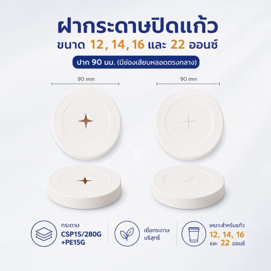 ฝากระดาษปิดแก้วขนาด 12 ,14 ,16 ,22oz ปาก 90 mm. (มีช่องเสียบหลอดตรงกลาง)