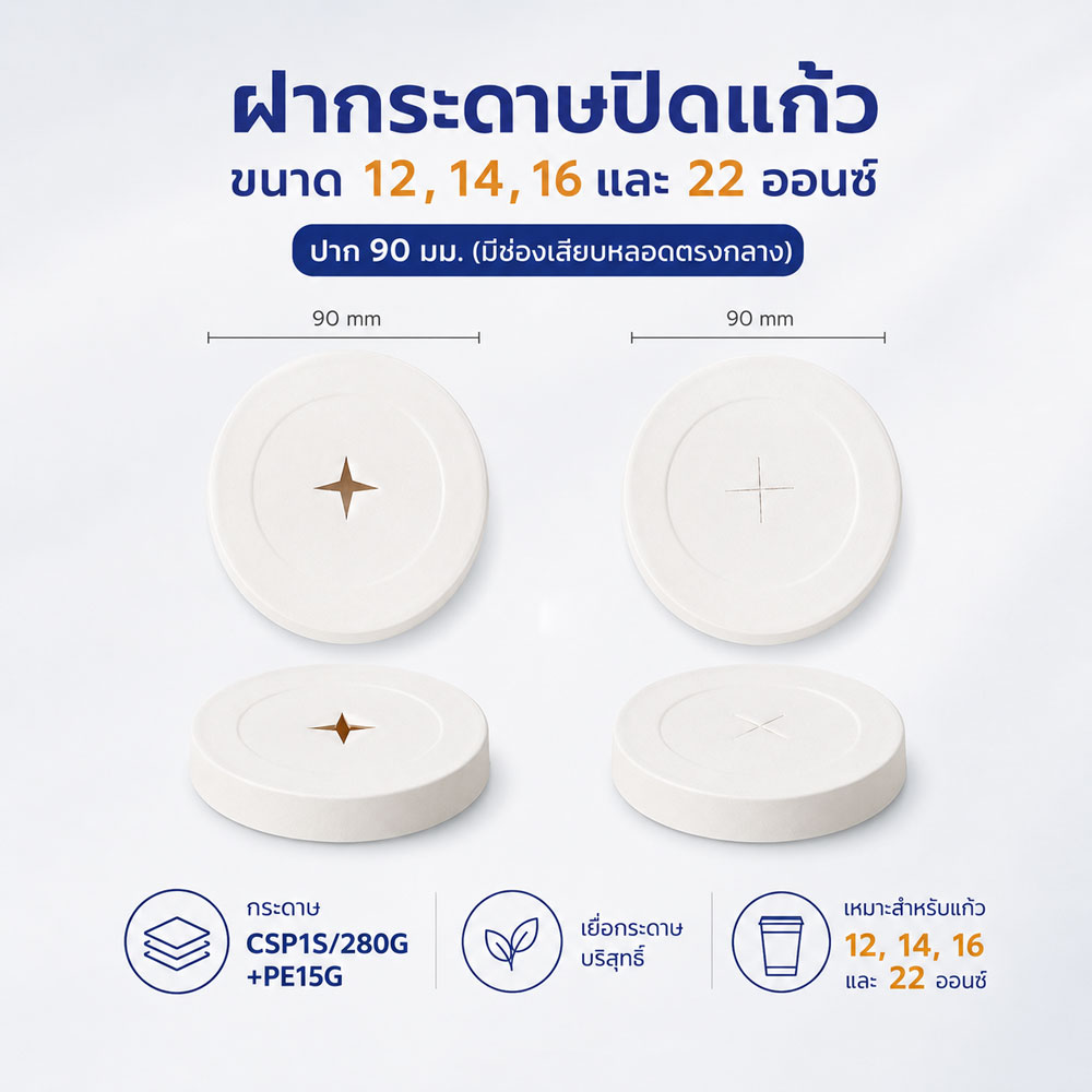 ฝากระดาษปิดแก้วขนาด 12 ,14 ,16 ,22oz ปาก 90 mm. (มีช่องเสียบหลอดตรงกลาง)