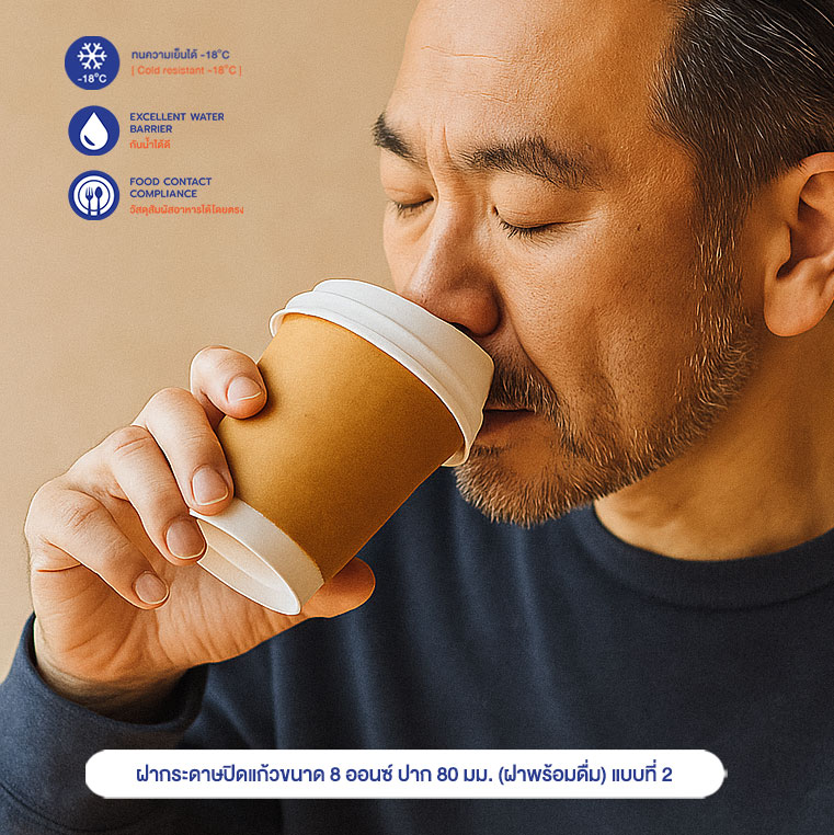 ฝากระดาษปิดแก้วขนาด 8 ออนซ์ ปาก 80 มม. (ฝาพร้อมดื่ม) แบบที่ 2 ฝากระดาษปิดแก้วขนาด 8 ออนซ์ ปาก 80 มม. (ฝาพร้อมดื่ม) แบบที่ 2