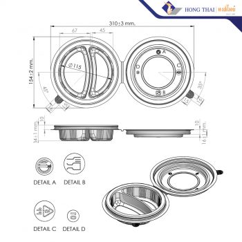ฝา(PP) 2 ชั้น 2 ช่อง(แยกข้าว-กับข้าว)ใช้กับถ้วย 26,28 และ 38 ออนซ์