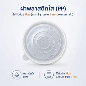 ฝาพลาสติกใส (PP) ใช้กับถ้วย 8oz (เจาะ 2 รู ขนาด 2 mm)