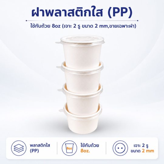 ฝาพลาสติกใส (PP) ใช้กับถ้วย 8oz (เจาะ 2 รู ขนาด 2 mm)