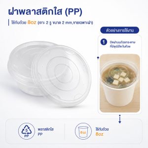 ฝาพลาสติกใส (PP) ใช้กับถ้วย 8oz (เจาะ 2 รู ขนาด 2 mm)