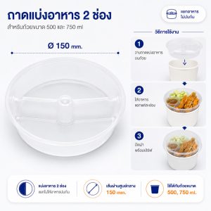 ถาดรองพลาสติกแบ่งอาหาร 2 ช่องสำหรับชามกระดาษ 500,750 ml.