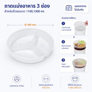 ถาดรองพลาสติกแบ่งอาหาร 3 ช่อง สำหรับชามกระดาษ 1100,1300 ml.