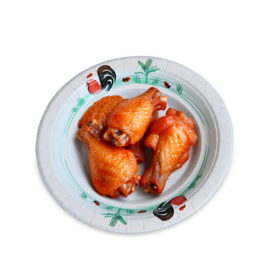 จานกระดาษกลม ลายไก่ Bio สีขาว 8.5 นิ้ว