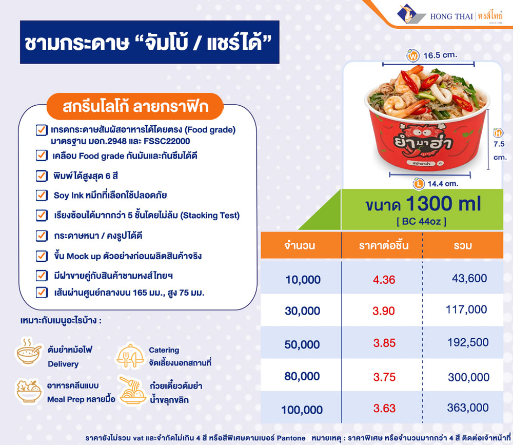 รับผลิตชามกระดาษพิมพ์แบรนต์-โลโก้-44oz-ราคาสั่งผลิต